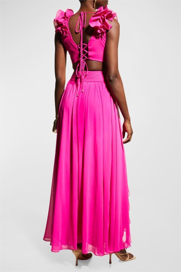 SLEEVELESS V-NECK LACE UP RUFFLE MAXI DRESS