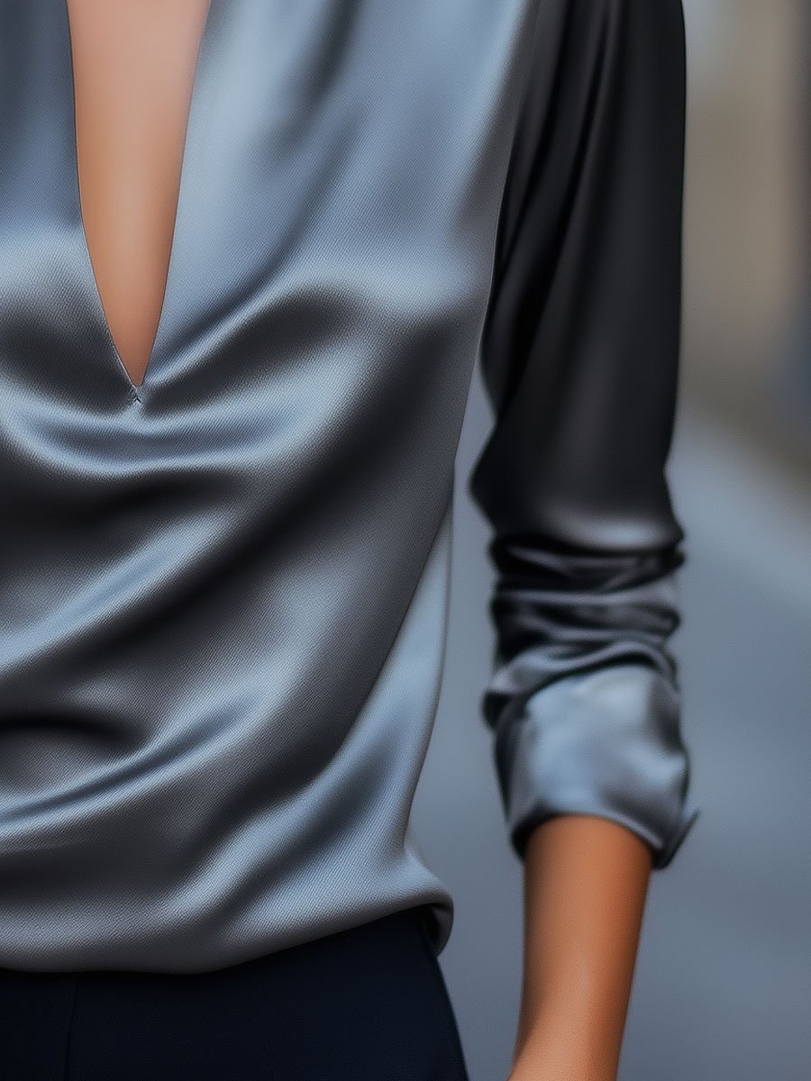 SILVER SATIN PLUNGING V-NECK BLOUSE FOR EVENING