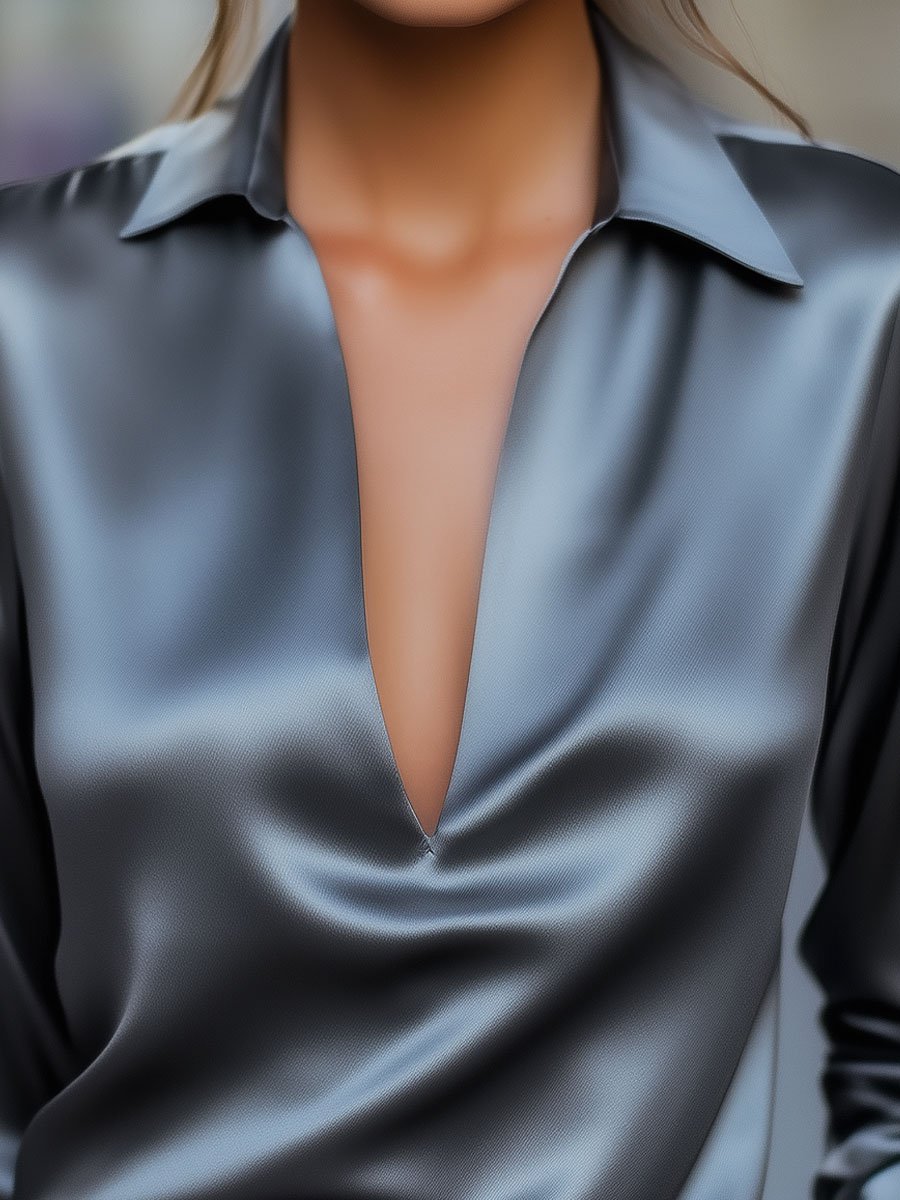 SILVER SATIN PLUNGING V-NECK BLOUSE FOR EVENING