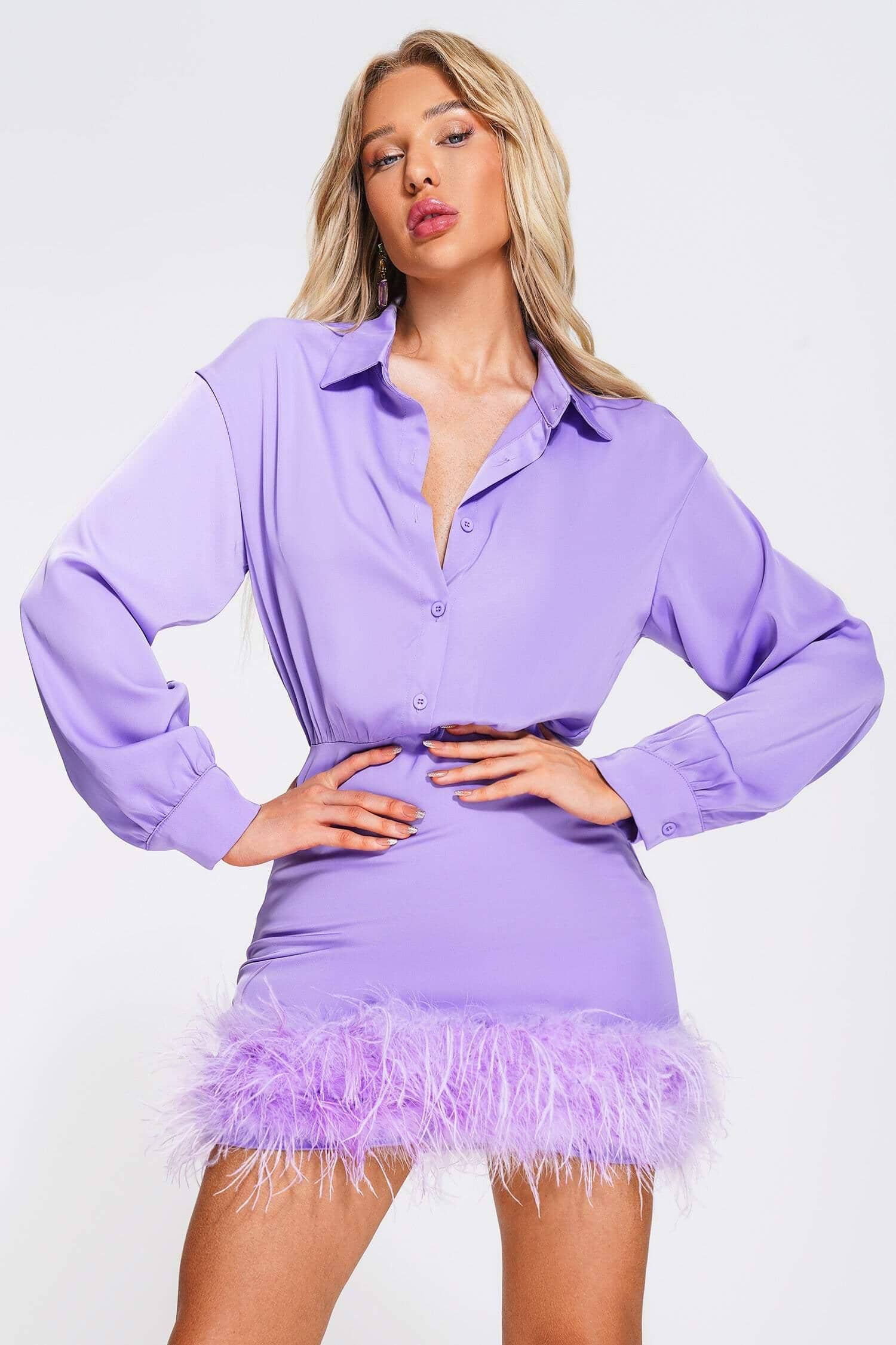 FEATHER SLEEVE SHIRT DRESS FOR WEDDING GUEST