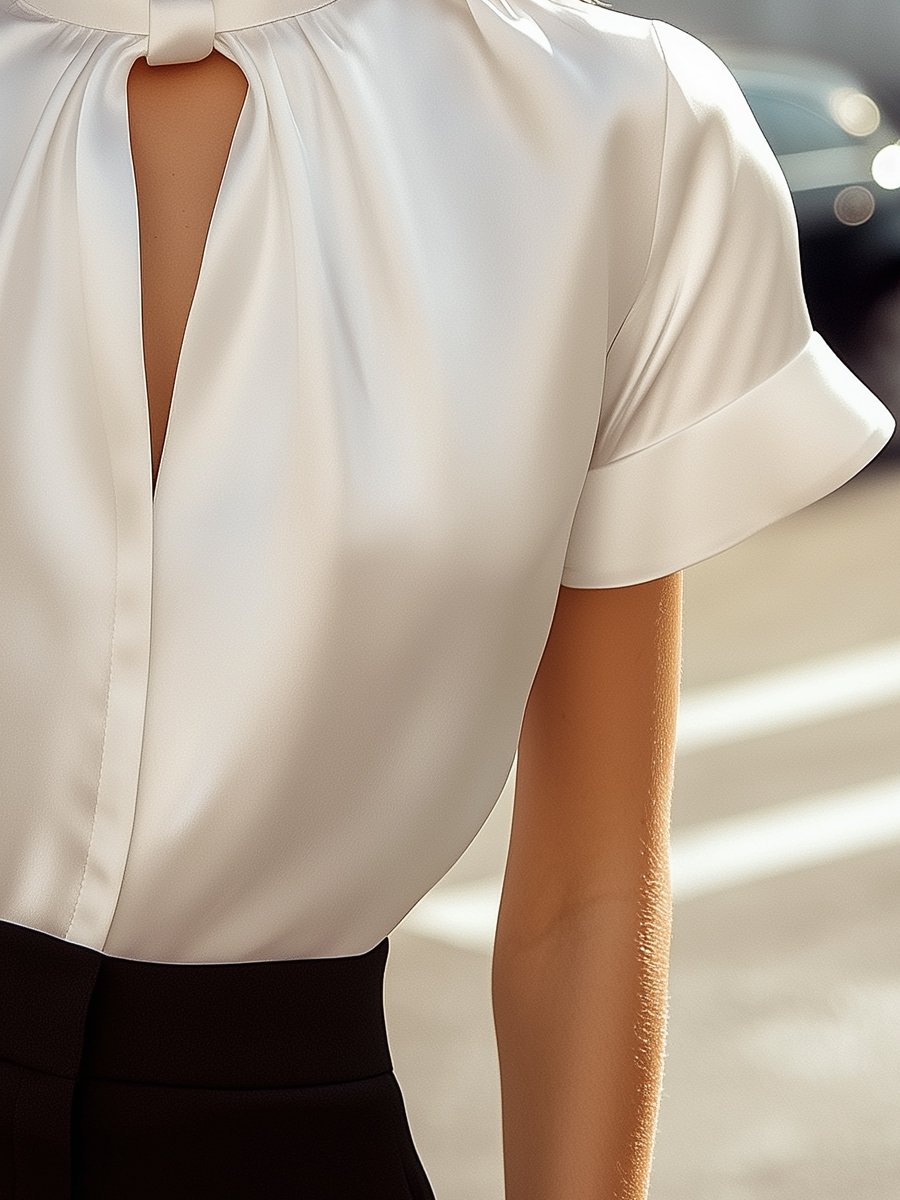 MODERN WHITE SATIN KEYHOLE BLOUSE FOR EVENTS