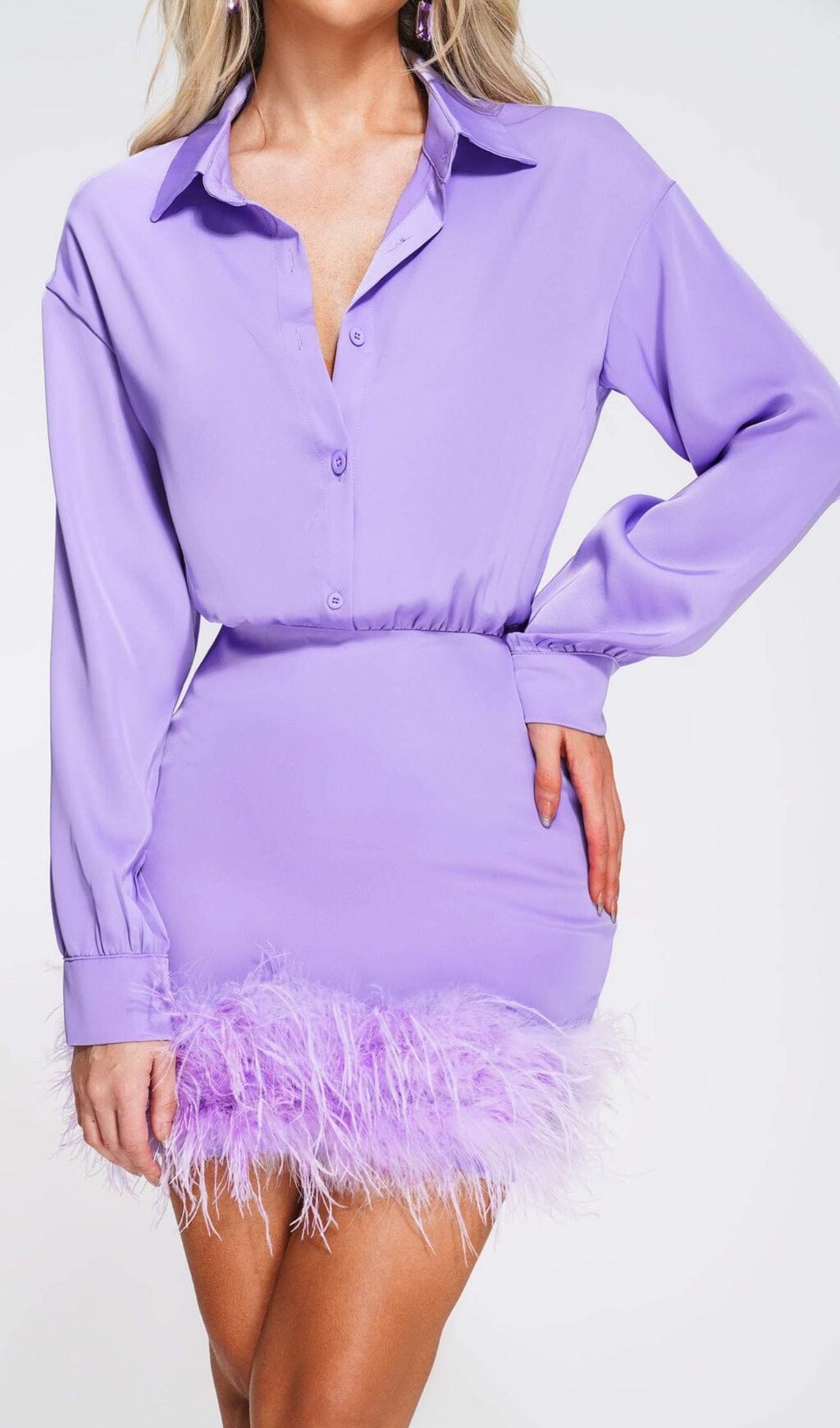 FEATHER SLEEVE SHIRT DRESS FOR WEDDING GUEST