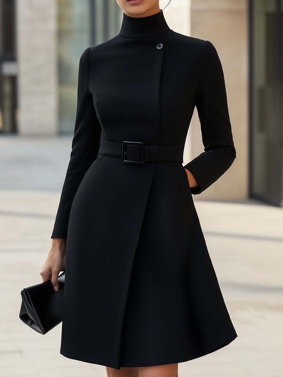 BLACK HIGH-NECK ASYMMETRIC BELTED A-LINE DRESS