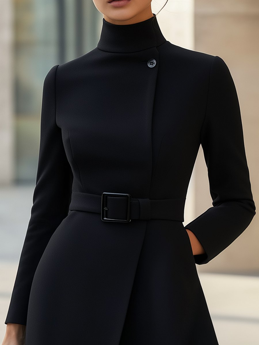 BLACK HIGH-NECK ASYMMETRIC BELTED A-LINE DRESS