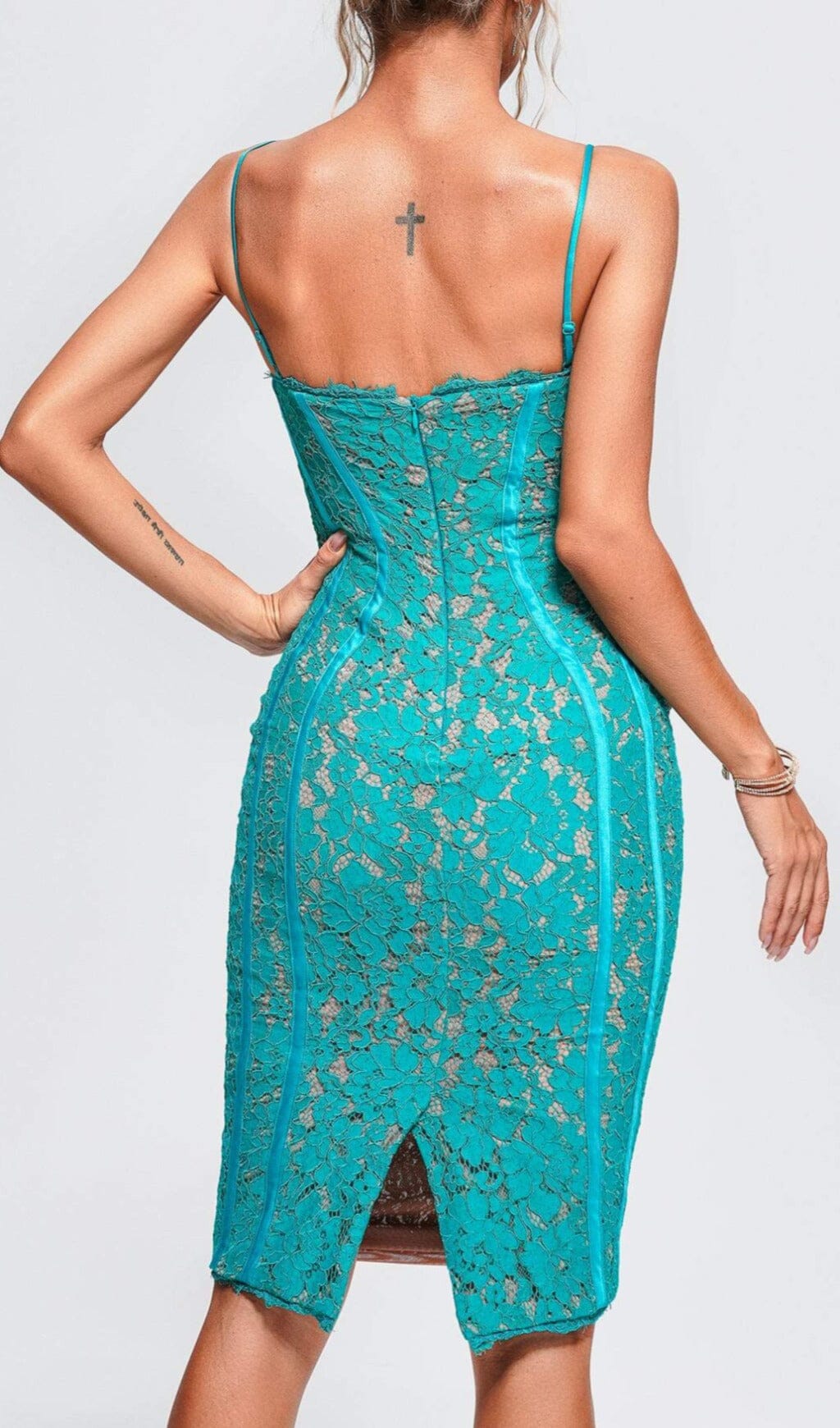STRAPPY LACE MIDI DRESS FOR WEDDING GUEST