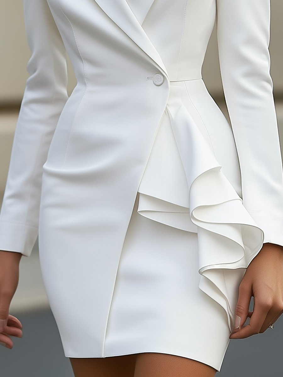 ELEGANT WHITE TAILORED BLAZER DRESS WITH RUFFLE