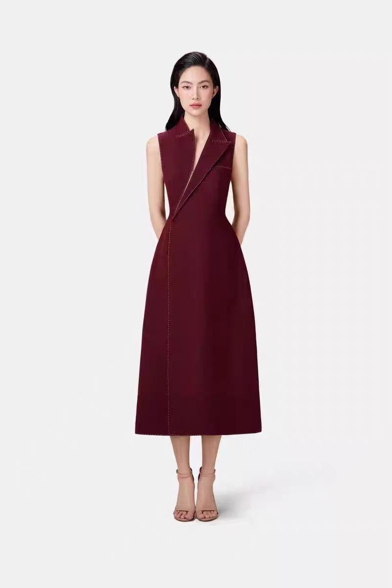 ASYMMETRIC COLLAR RED MIDI BLAZER DRESS