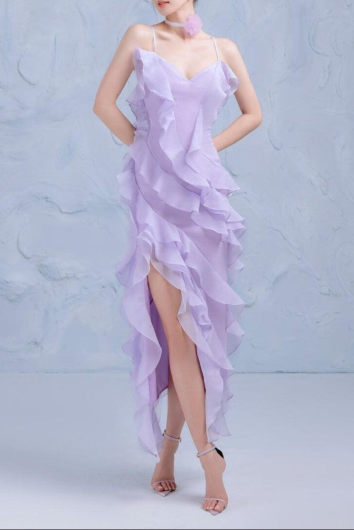LAVENDER ASYMMETRIC RUFFLE MIDI DRESS FOR WEDDING GUEST