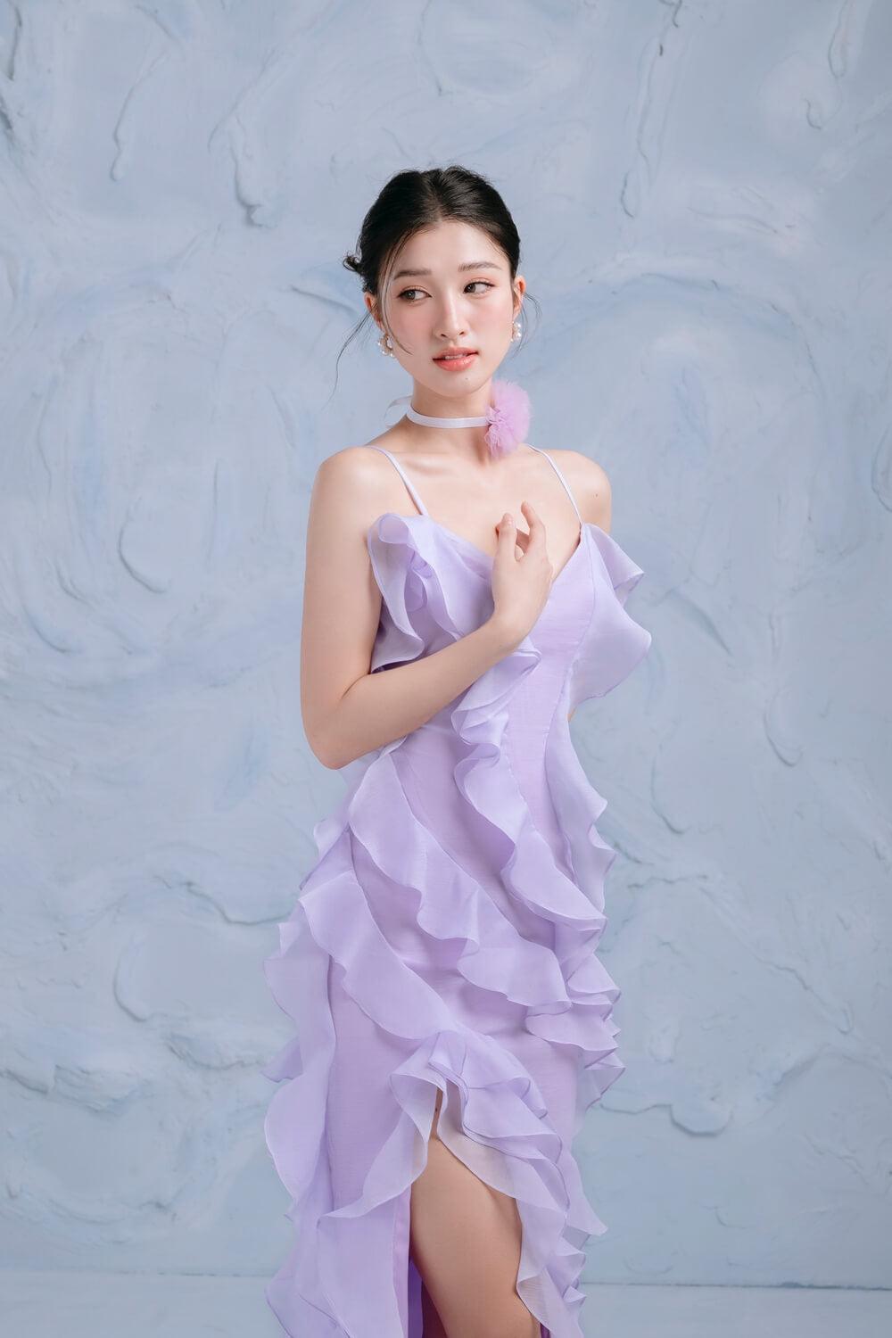 LAVENDER ASYMMETRIC RUFFLE MIDI DRESS FOR WEDDING GUEST