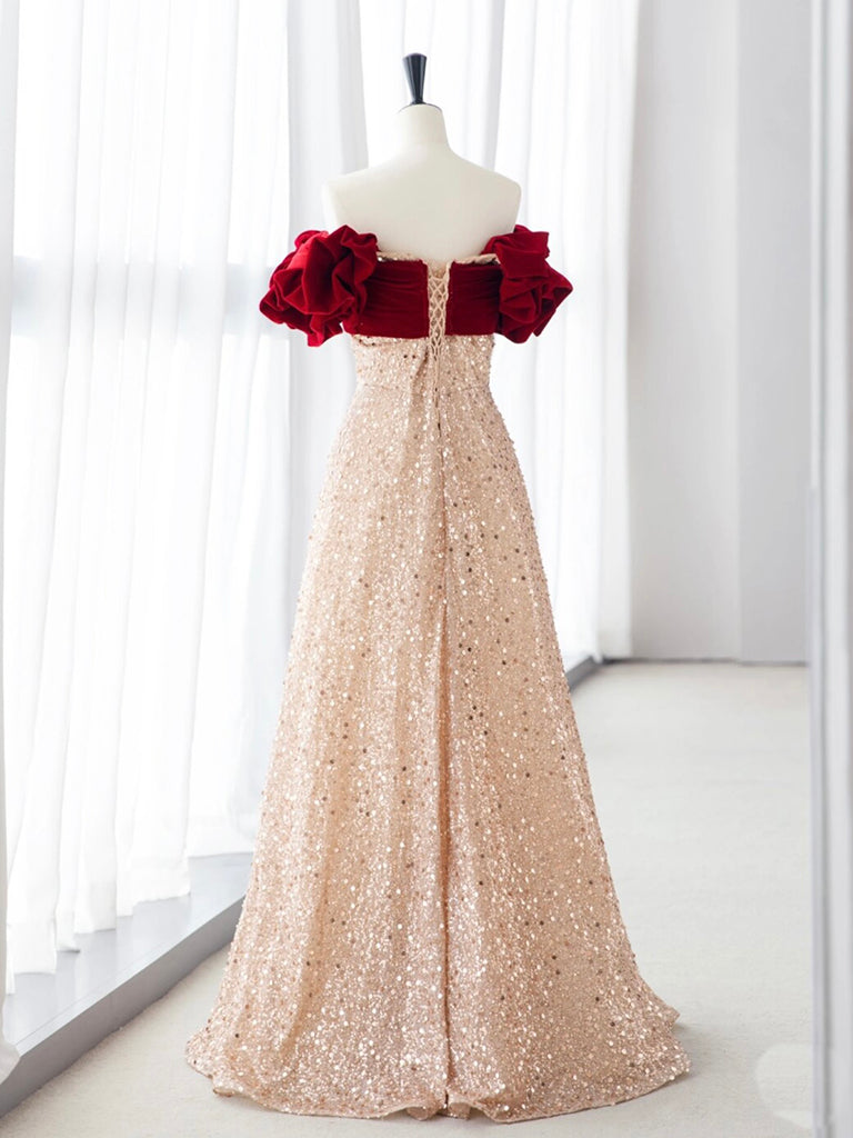 CHAMPAGNE VELVET A-LINE PROM DRESS