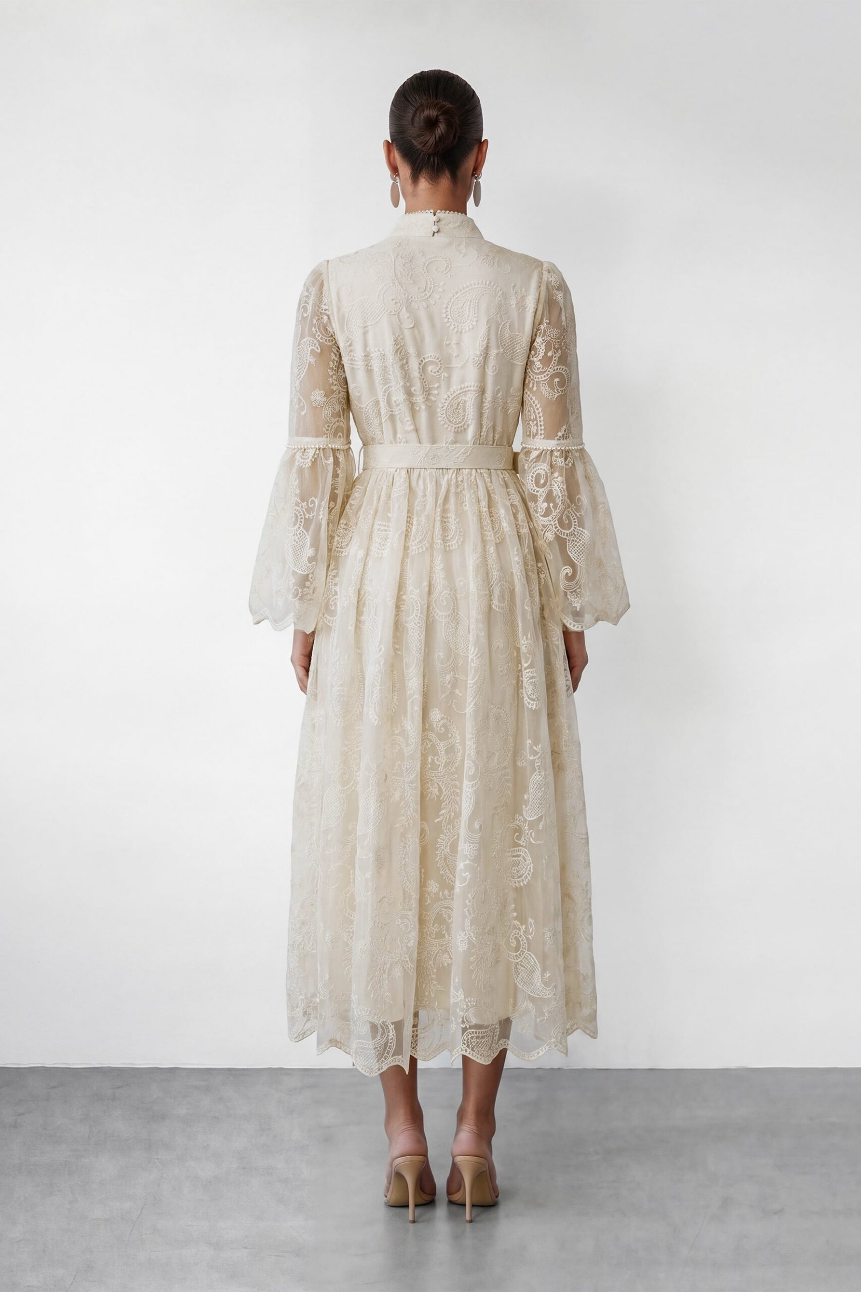 CREAM LACE STAND COLLAR BELL SLEEVE BELTED MIDI SHIRT DRESS