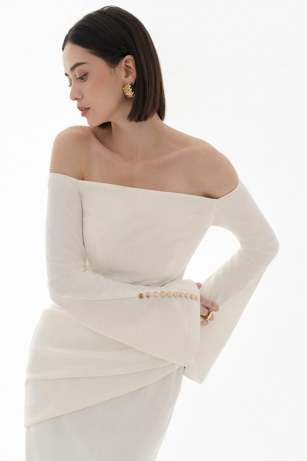 LOUISA OFF-SHOULDER SPANDEX SHEATH MIDI DRESS