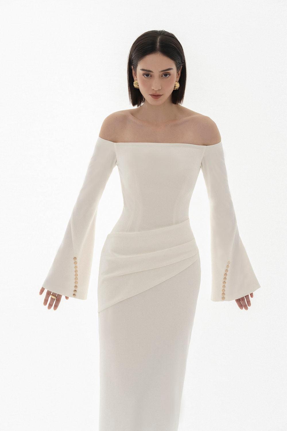 LOUISA OFF-SHOULDER SPANDEX SHEATH MIDI DRESS
