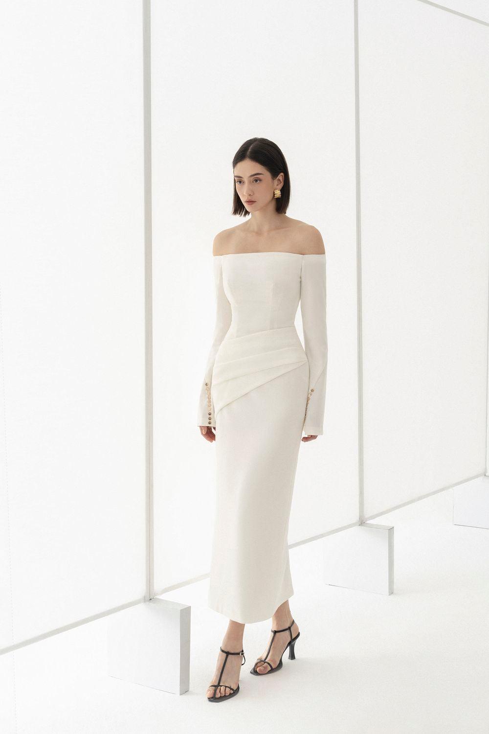 LOUISA OFF-SHOULDER SPANDEX SHEATH MIDI DRESS