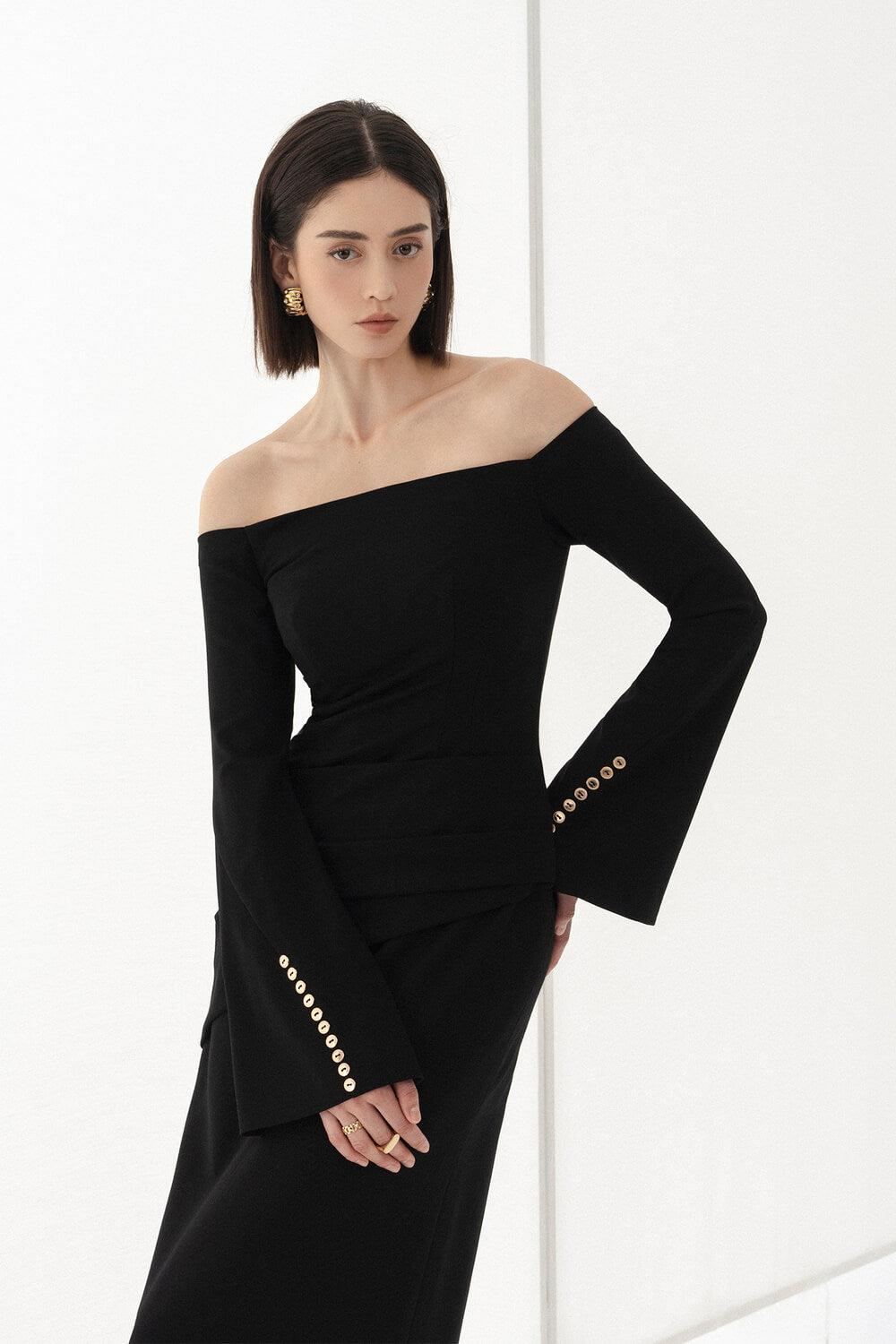 LOUISA OFF-SHOULDER SPANDEX SHEATH MIDI DRESS