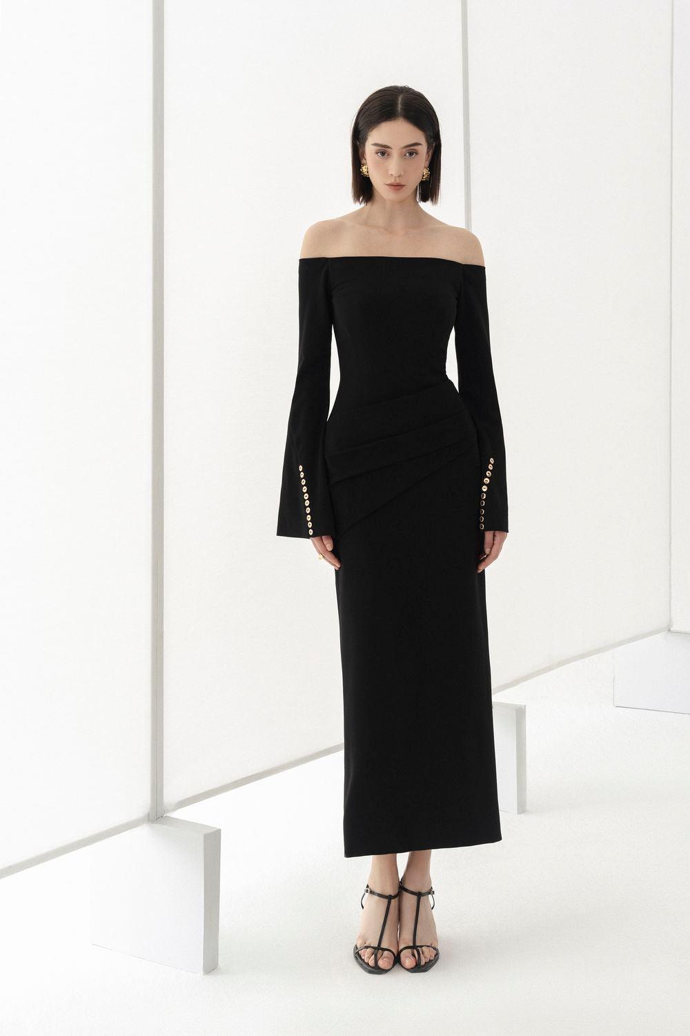 LOUISA OFF-SHOULDER SPANDEX SHEATH MIDI DRESS