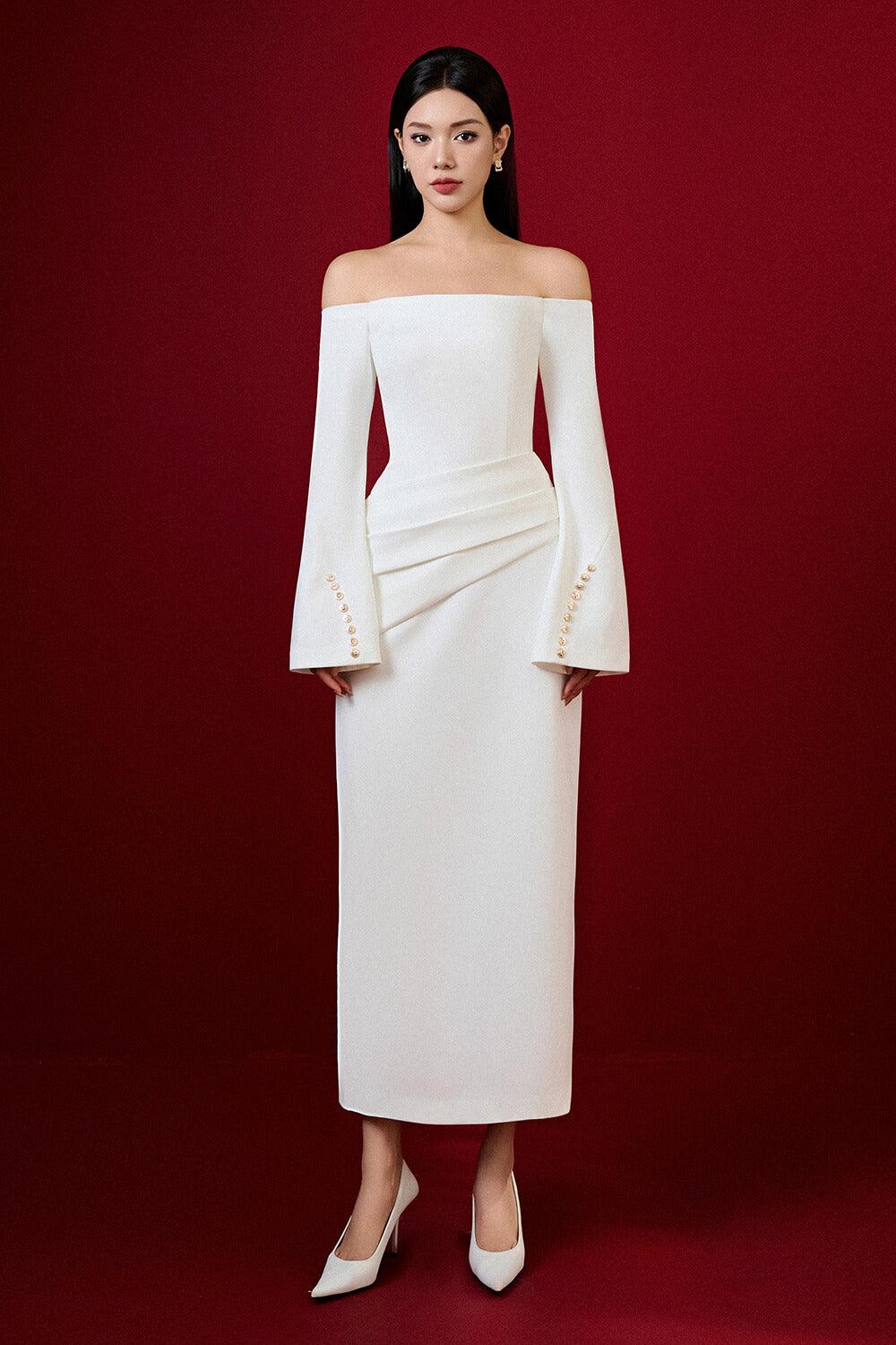 LOUISA OFF-SHOULDER SPANDEX SHEATH MIDI DRESS