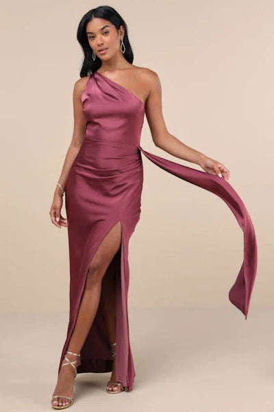 SATIN ONE-SHOULDER MAUVE MAXI DRESS, ELEGANT FORMAL