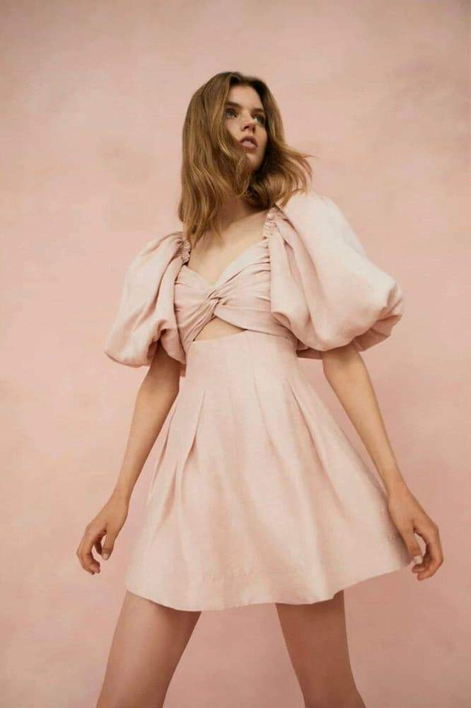 LYDIA PUFF-SLEEVE KNOT MINI DRESS FOR PARTY