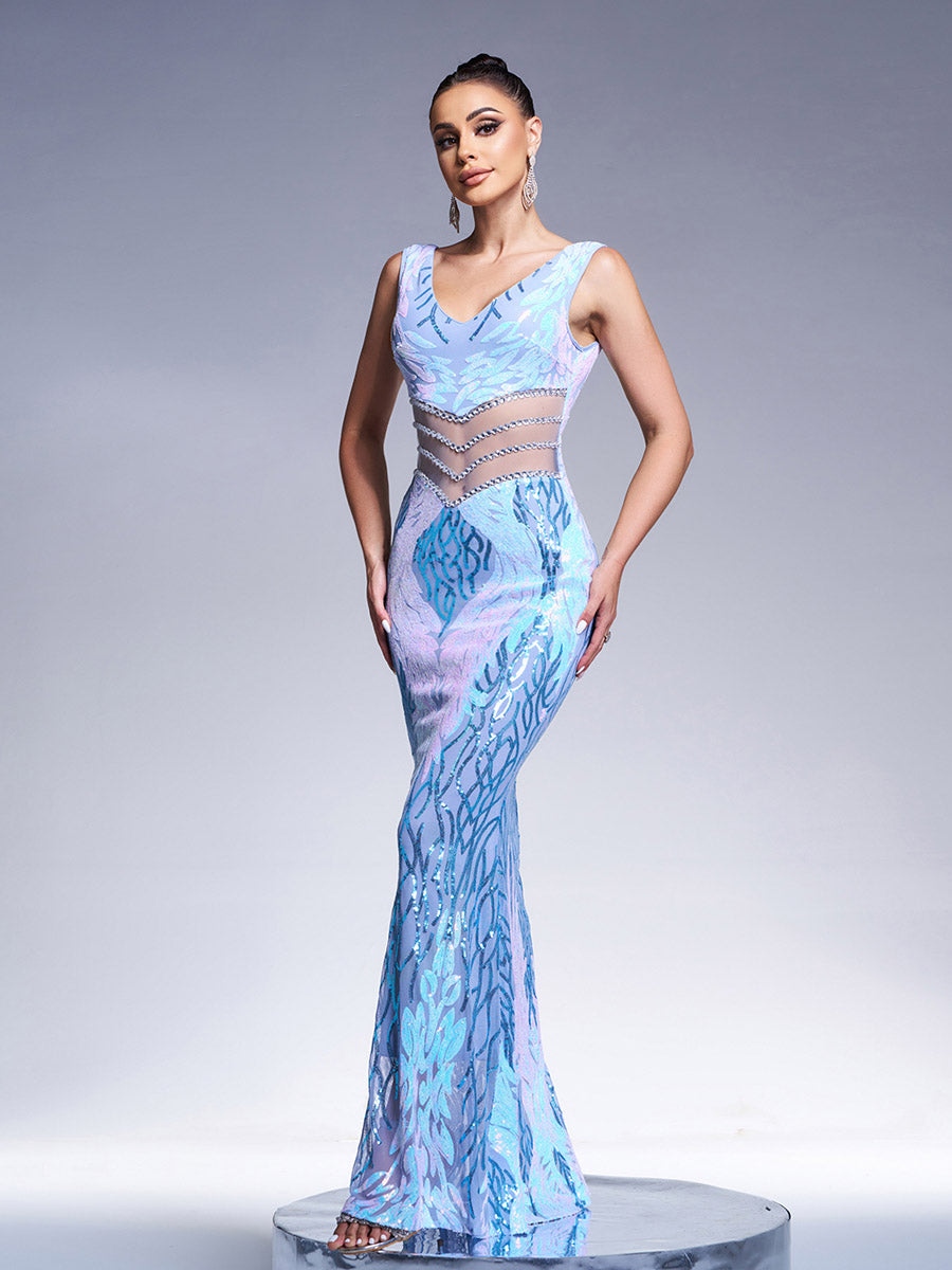 SALLY V-NECK SEQUIN MERMAID PROM DRESS