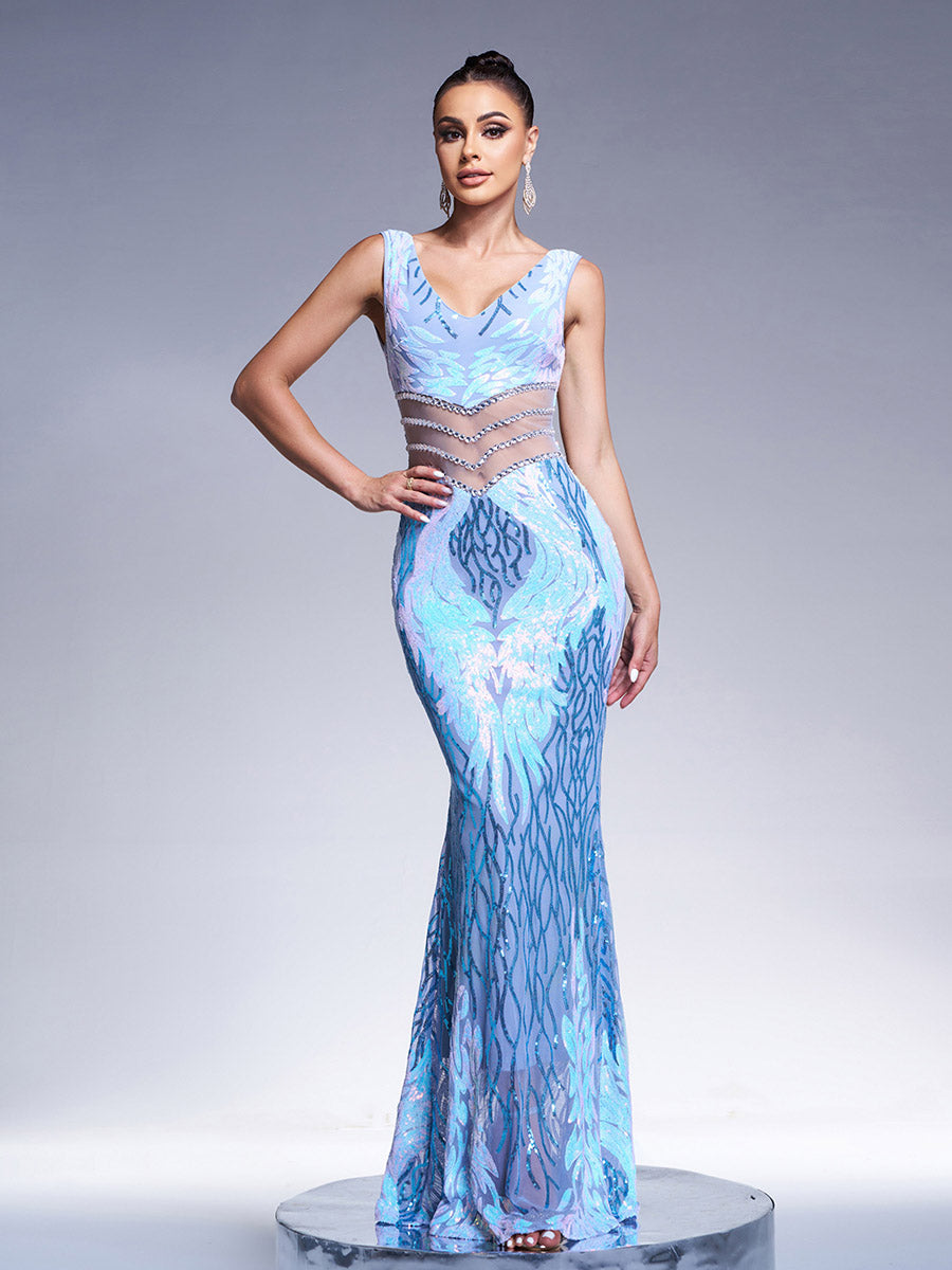 SALLY V-NECK SEQUIN MERMAID PROM DRESS
