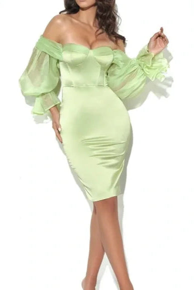 SATIN STRAPLESS PUFF SLEEVE MINT MINI DRESS