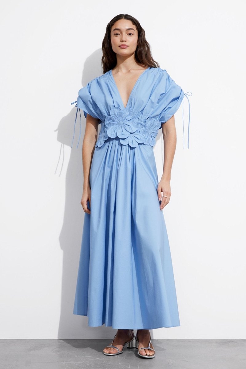 MAGGIE FLORAL APPLIQUE V-NECK MAXI DRESS