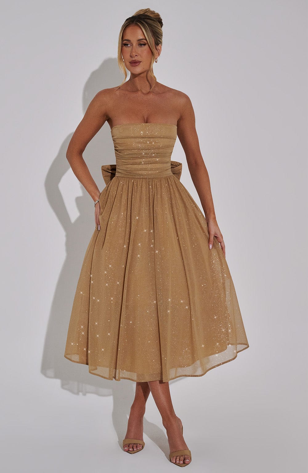 MARISSA MIDI DRESS GOLD SPARKLE PARTY GLAM