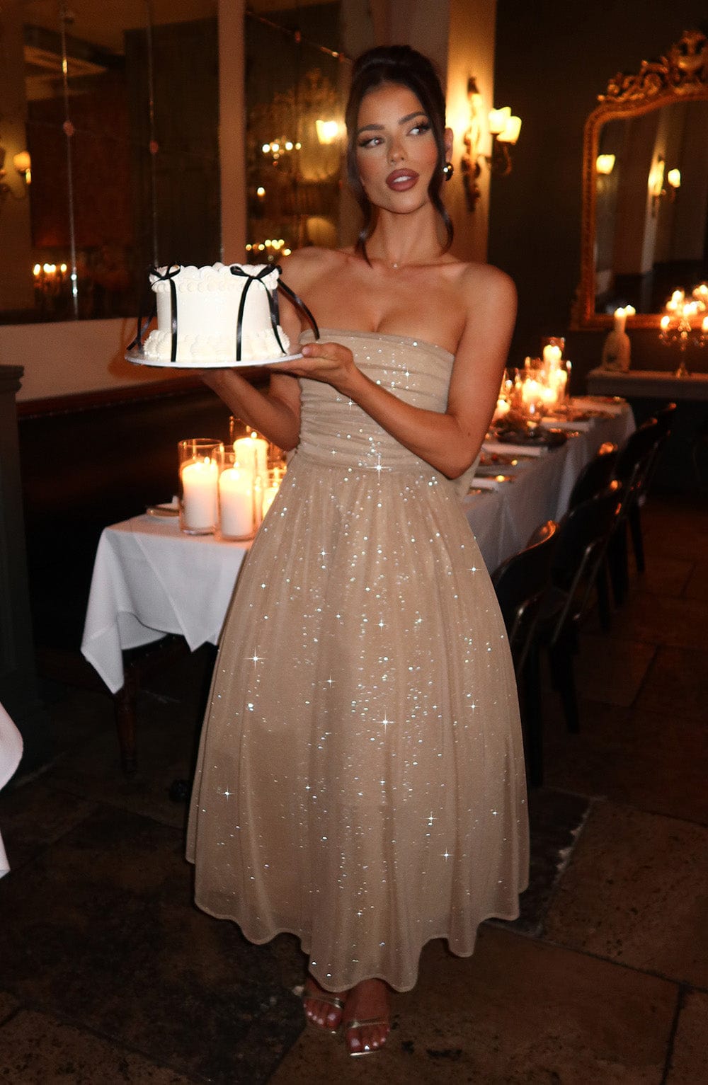 MARISSA MIDI DRESS GOLD SPARKLE PARTY GLAM