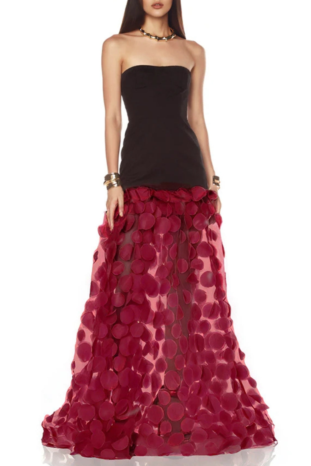 NODIN STRAPLESS RED DOT MESH MAXI DRESS