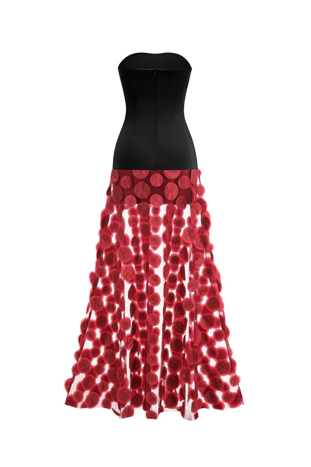 NODIN STRAPLESS RED DOT MESH MAXI DRESS