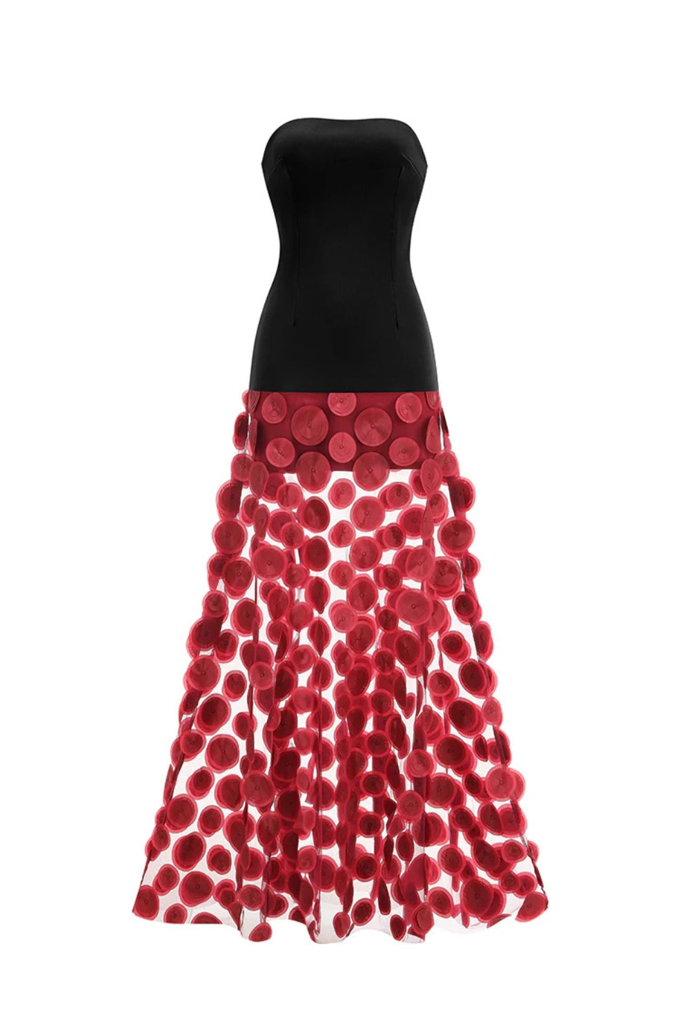 NODIN STRAPLESS RED DOT MESH MAXI DRESS