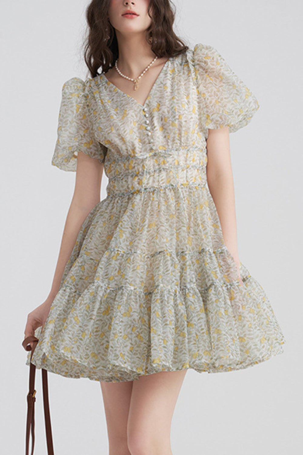 PRINTED V-NECK TUTU MINI DRESS DAISY YELLOW