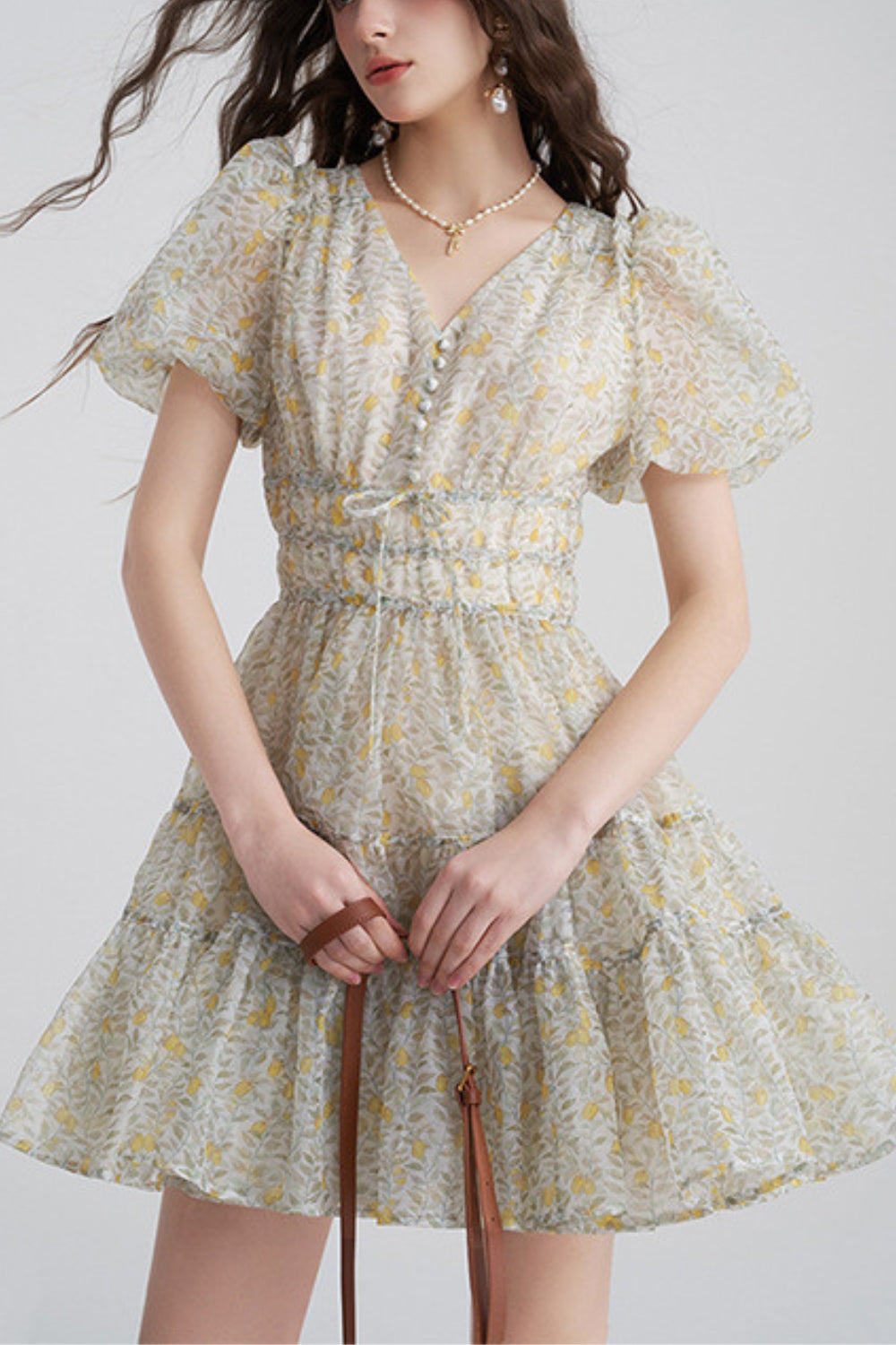 PRINTED V-NECK TUTU MINI DRESS DAISY YELLOW