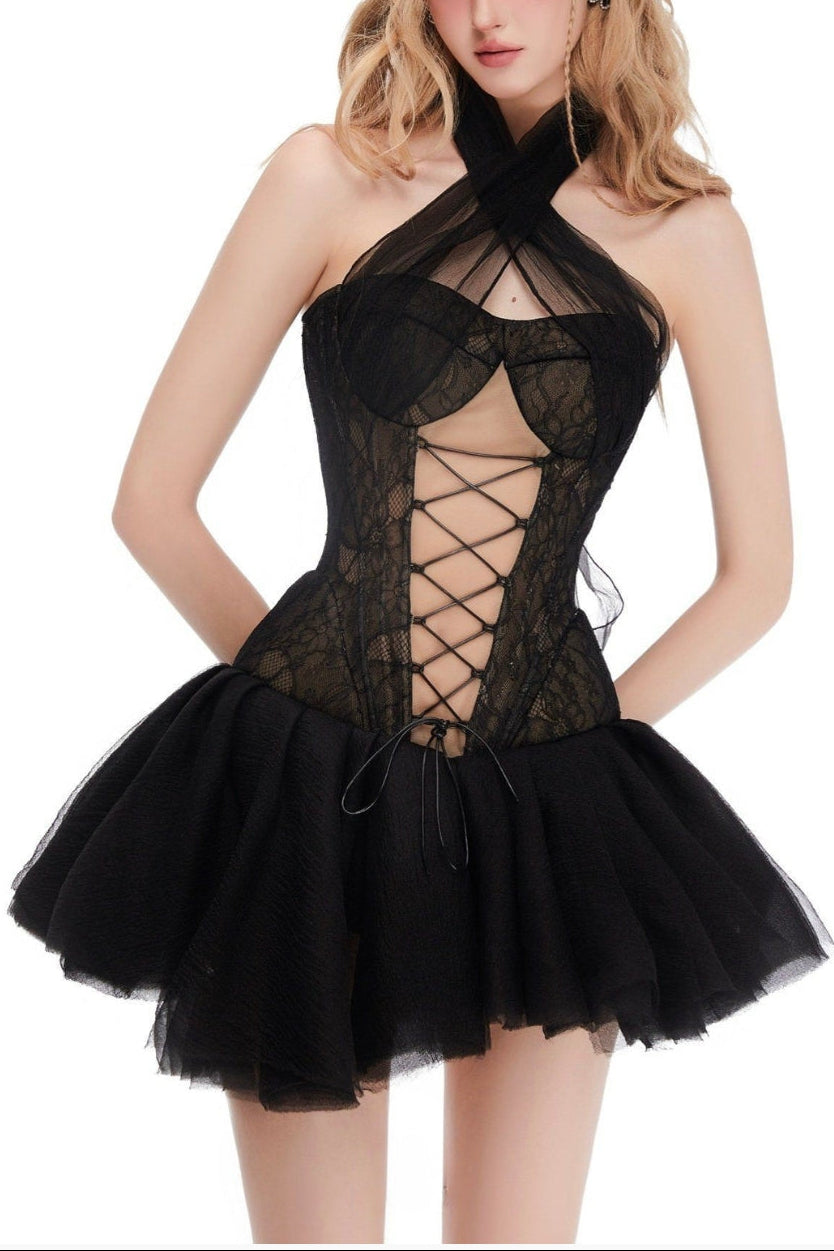 AMELIA HALTER CROSS STRAP TUBE MINI DRESS BLACK