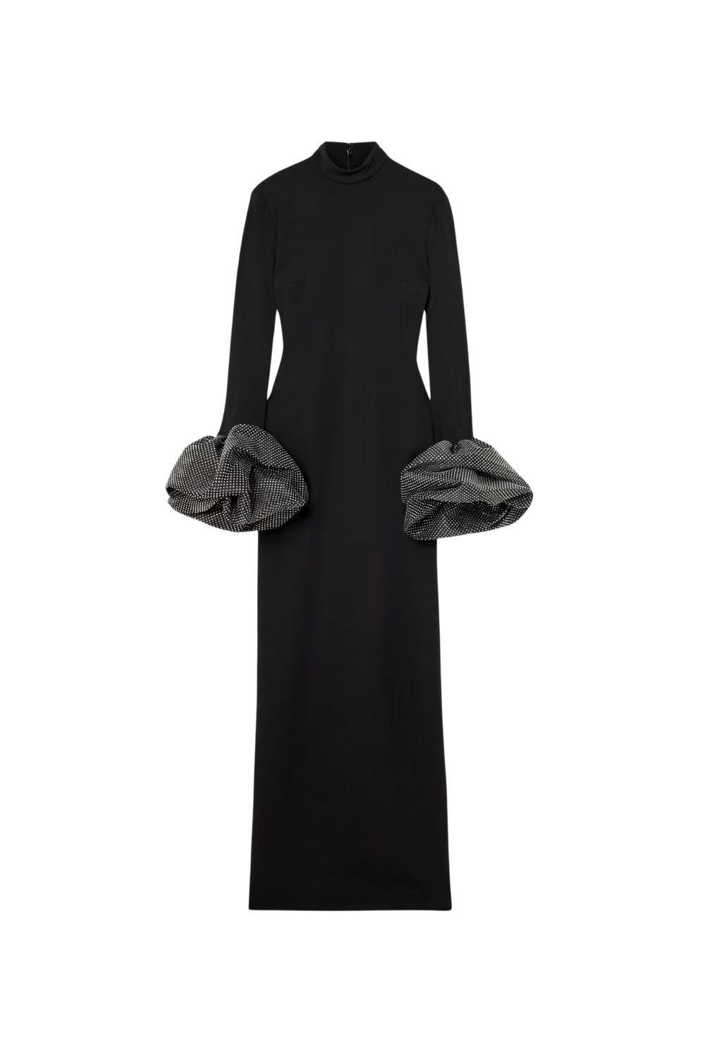 RACHEL BLACK RUFFLED CRYSTAL GOWN, MOCK NECK FORMAL