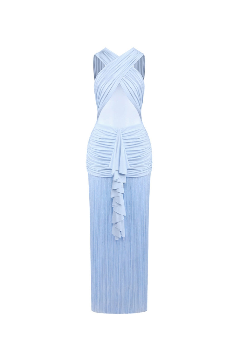 FRINGE MESH RUCHED MAXI DRESS, PARTY READY