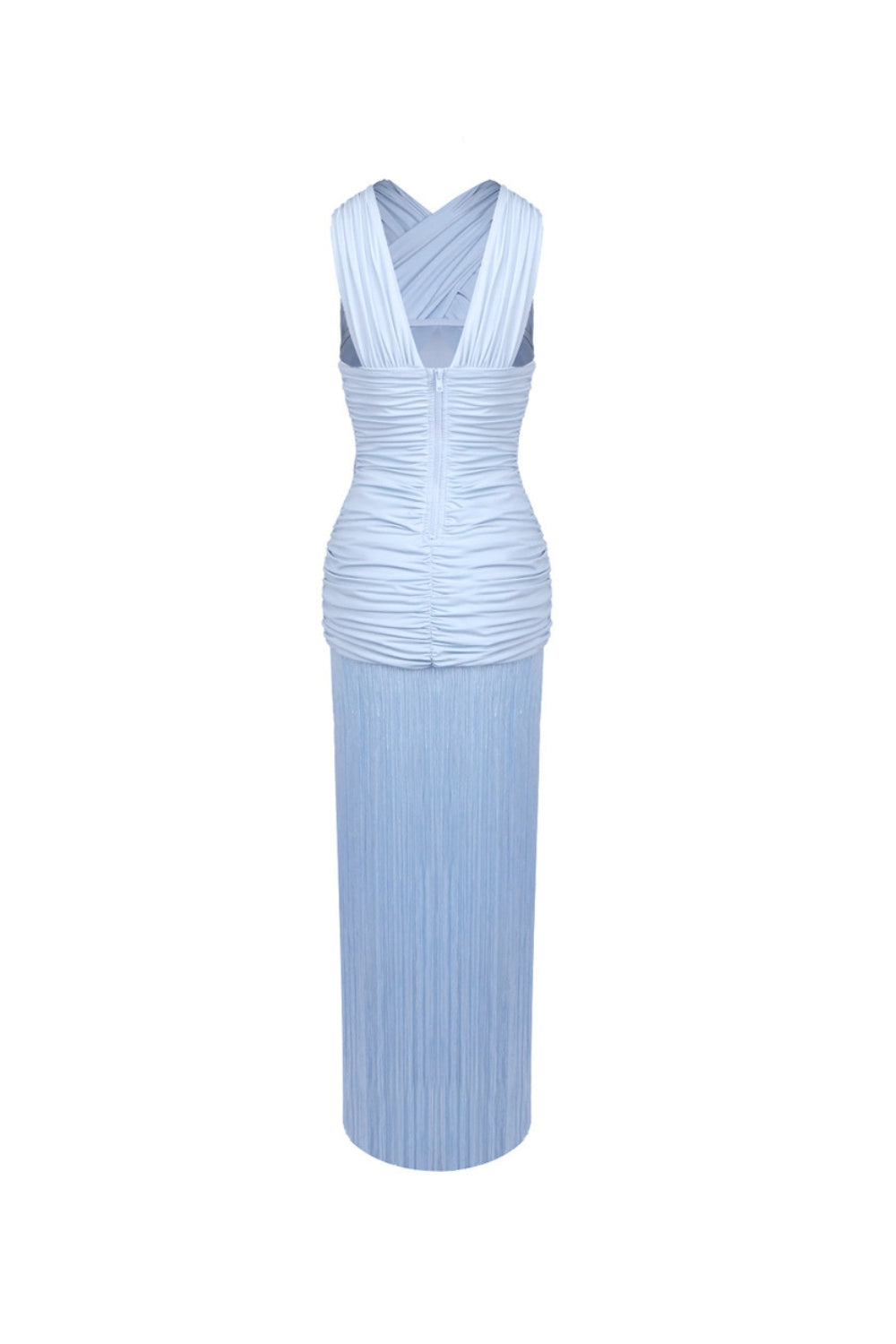 FRINGE MESH RUCHED MAXI DRESS, PARTY READY