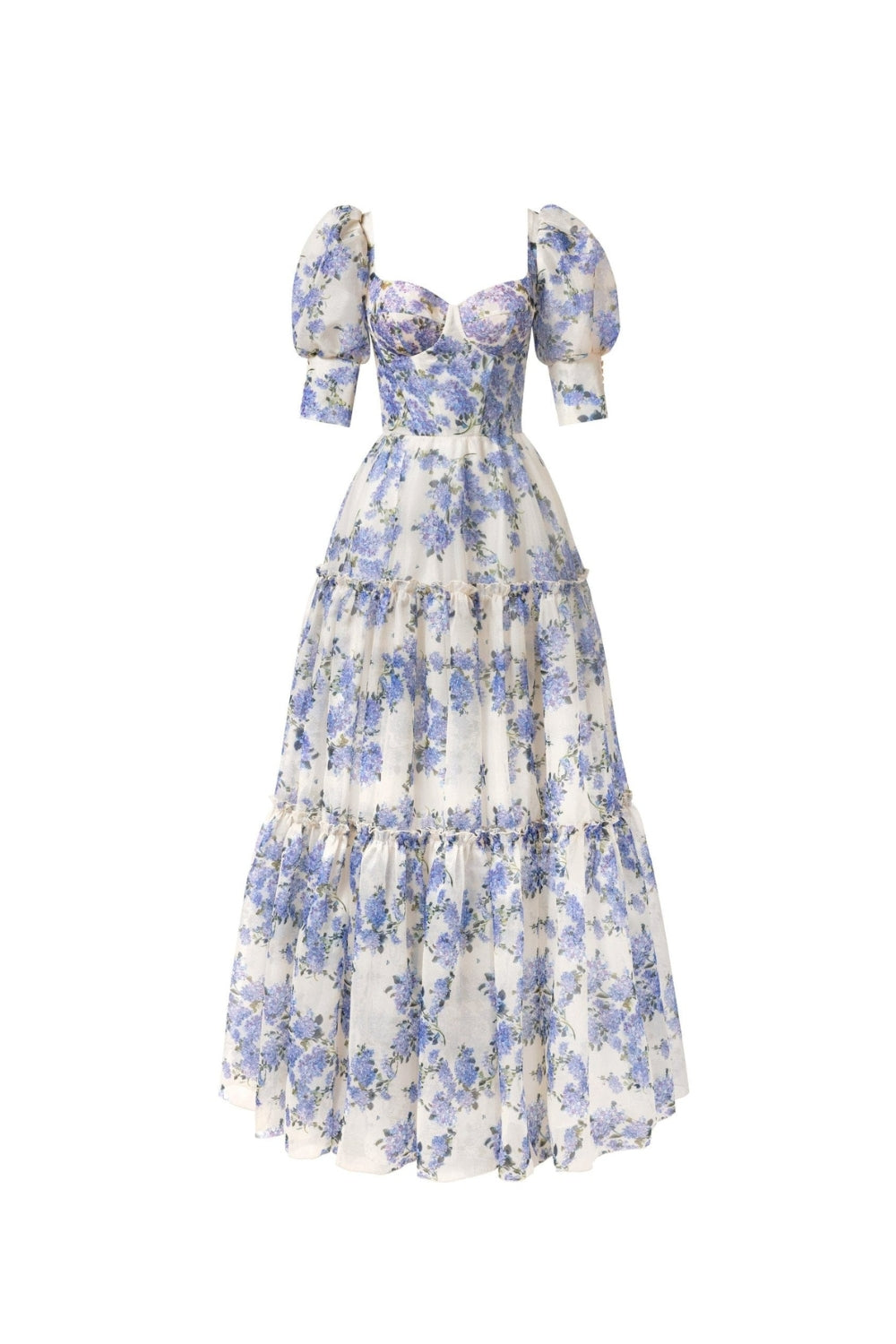 BLUE HYDRANGEA PRINT VOLUMINOUS SLEEVE MAXI DRESS