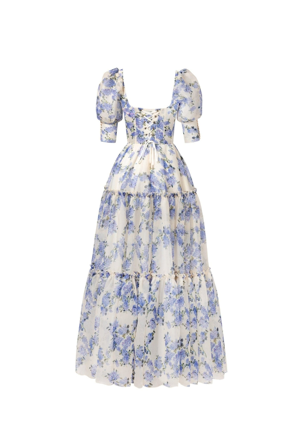 BLUE HYDRANGEA PRINT VOLUMINOUS SLEEVE MAXI DRESS