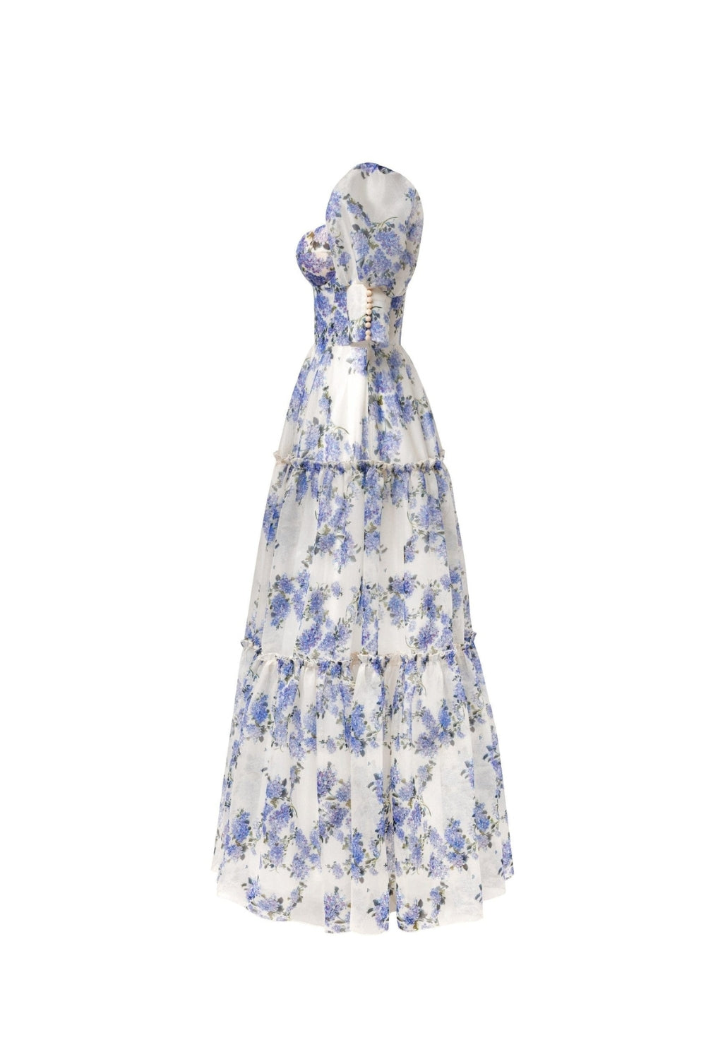 BLUE HYDRANGEA PRINT VOLUMINOUS SLEEVE MAXI DRESS