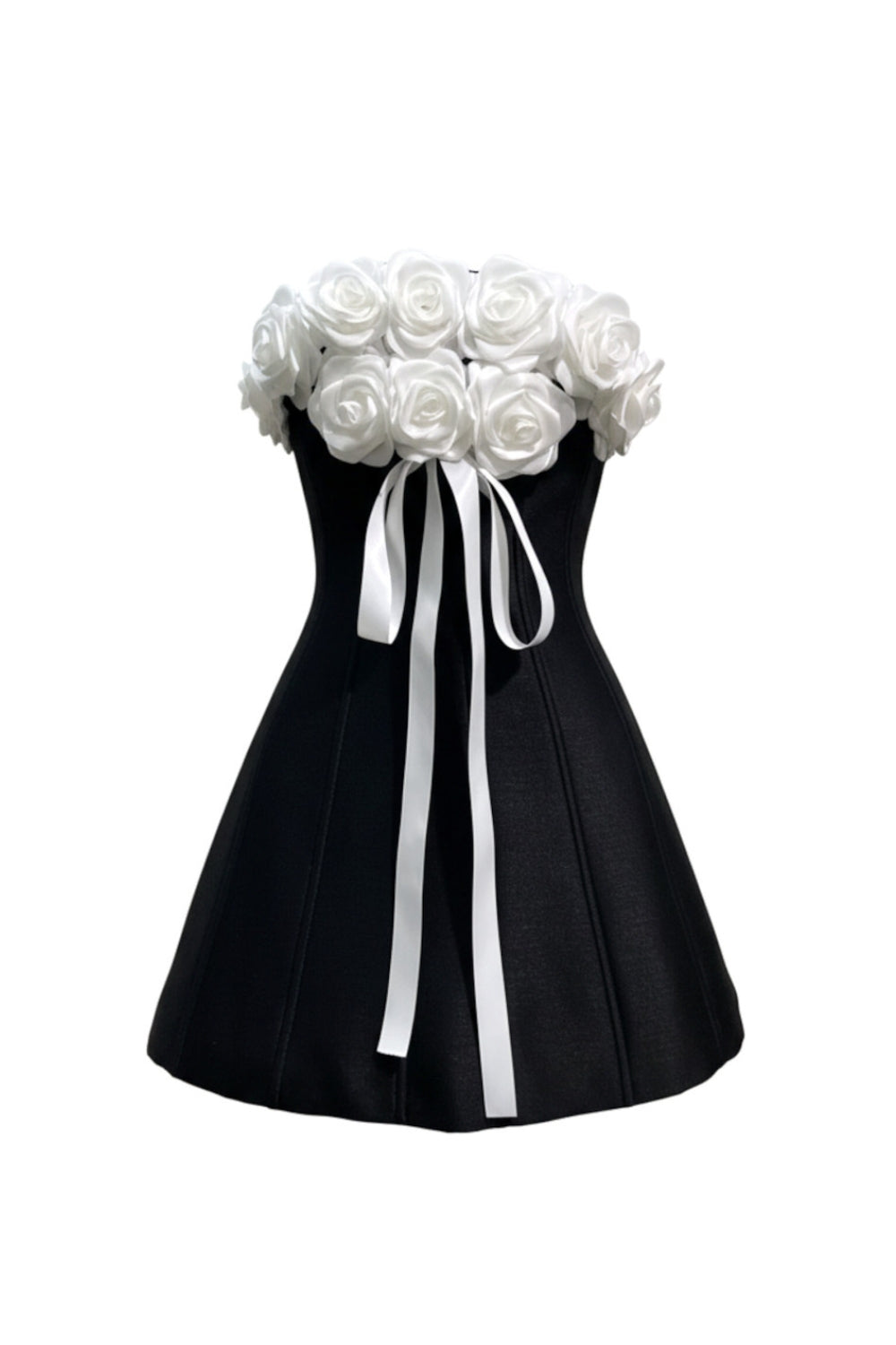 GLADYS STRAPLESS 3D FLORAL CORSET A-LINE DRESS BLACK