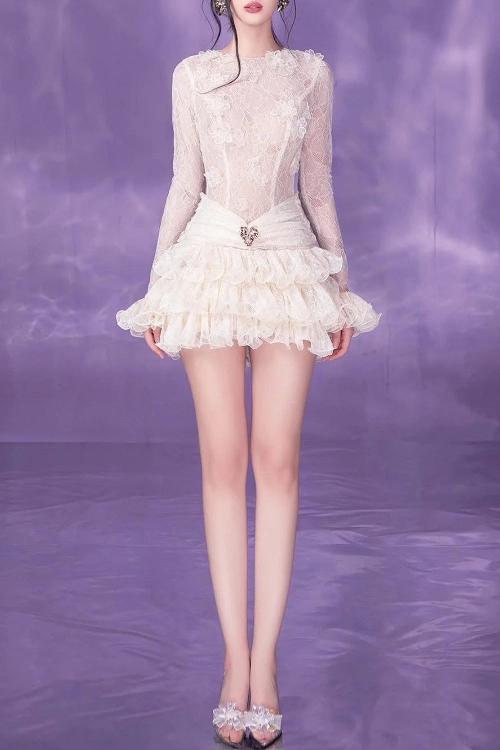 EUDORA LACE MINI DRESS WHITE, RUCHED EMBROIDERY PARTY