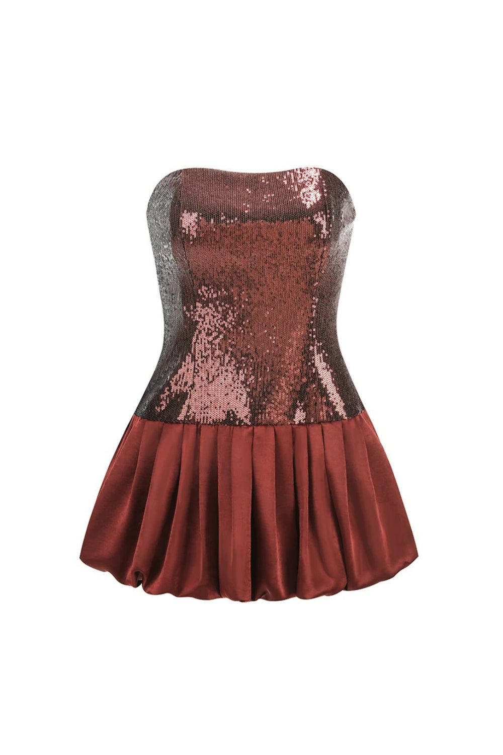 GLAMOUR STRAPLESS SEQUIN BUBBLE MINI DRESS BROWN