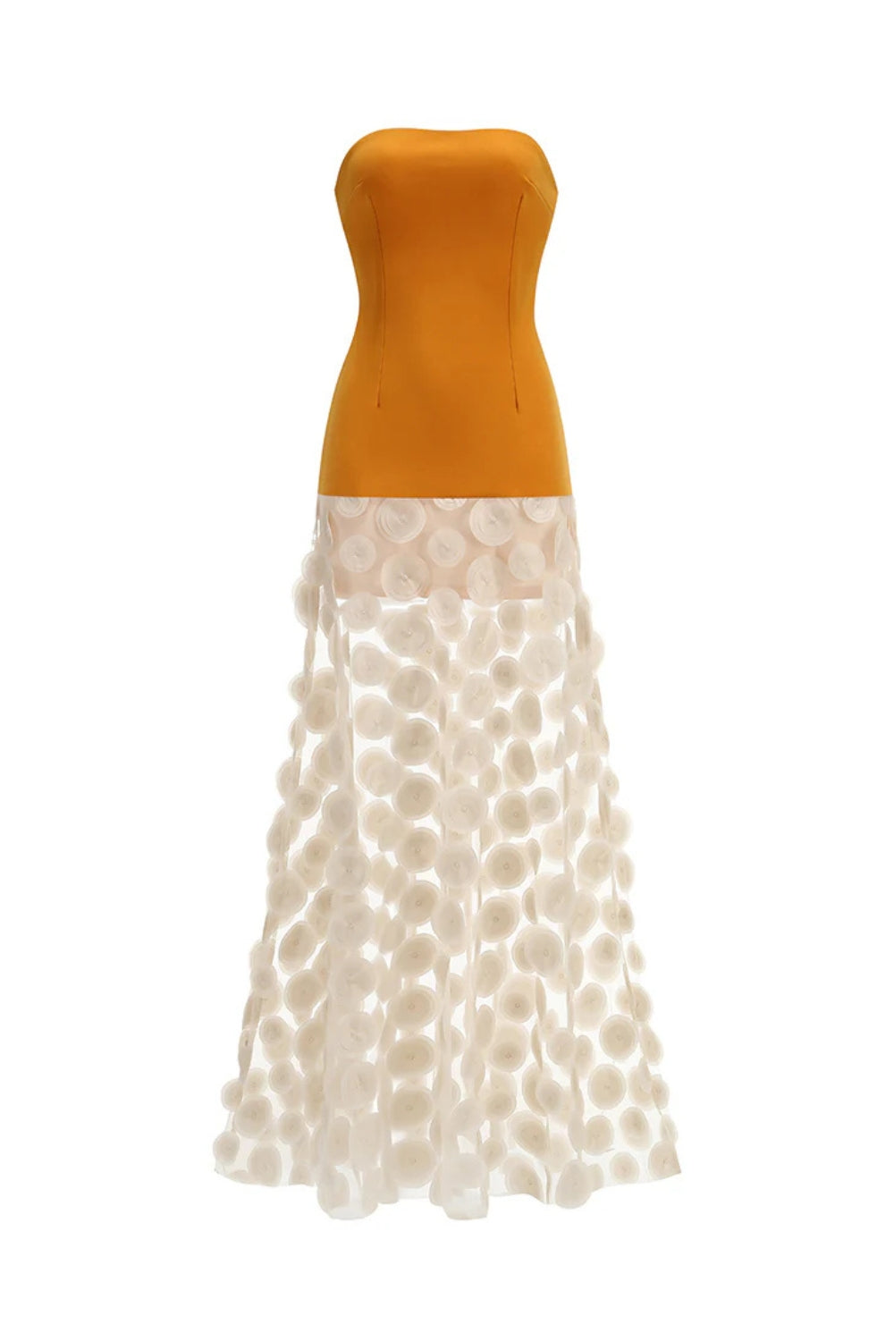 NODIN ORANGE STRAPLESS DOT MESH MAXI DRESS