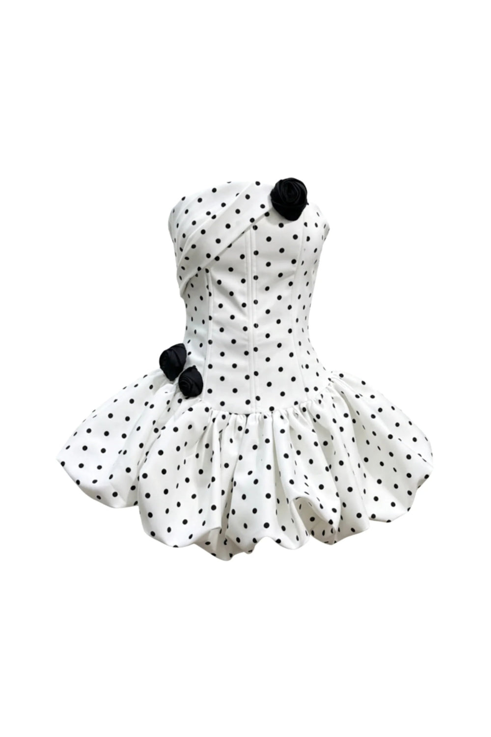 POLKA DOT STRAPLESS CORSET PUFF MINI DRESS WHITE