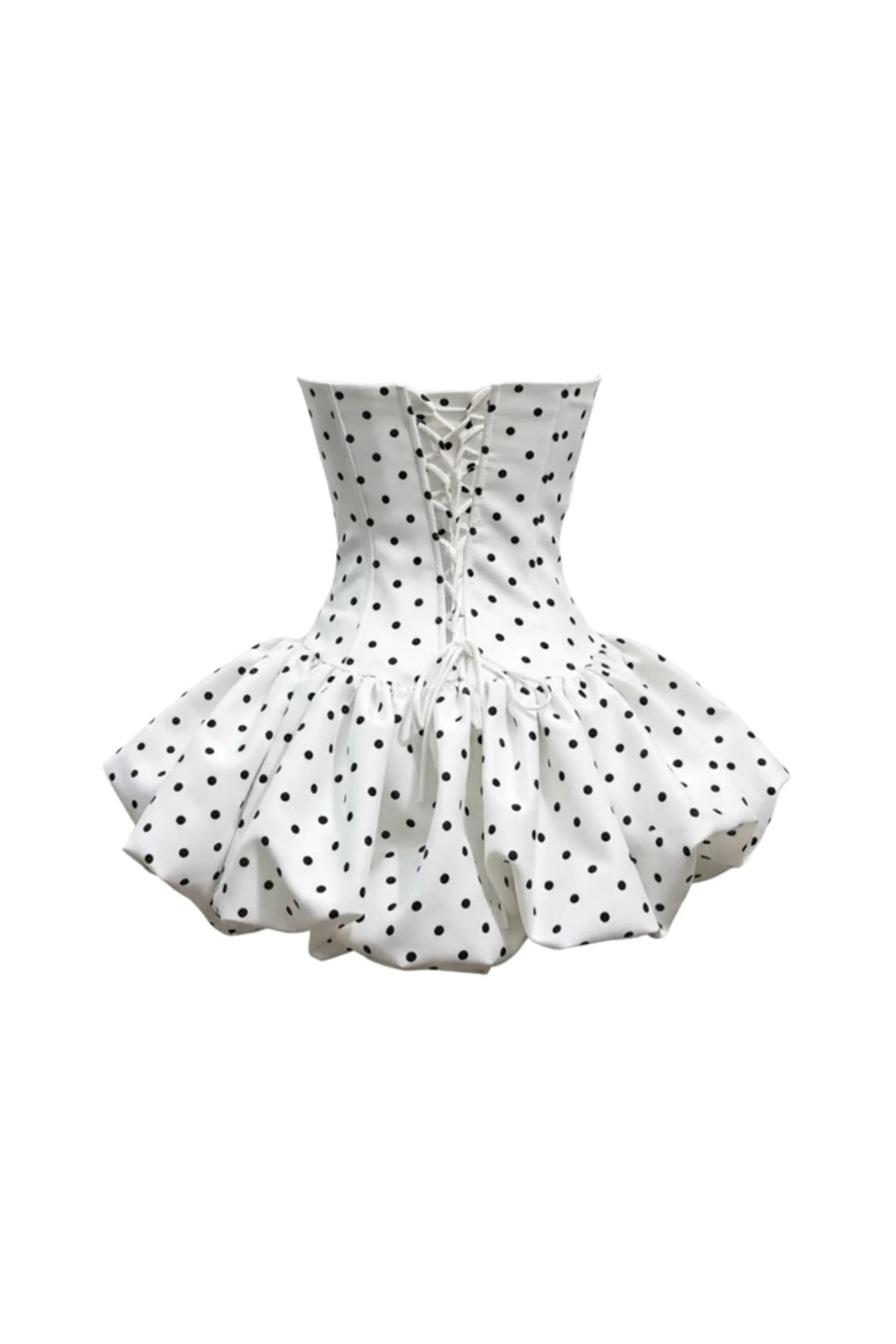 POLKA DOT STRAPLESS CORSET PUFF MINI DRESS WHITE