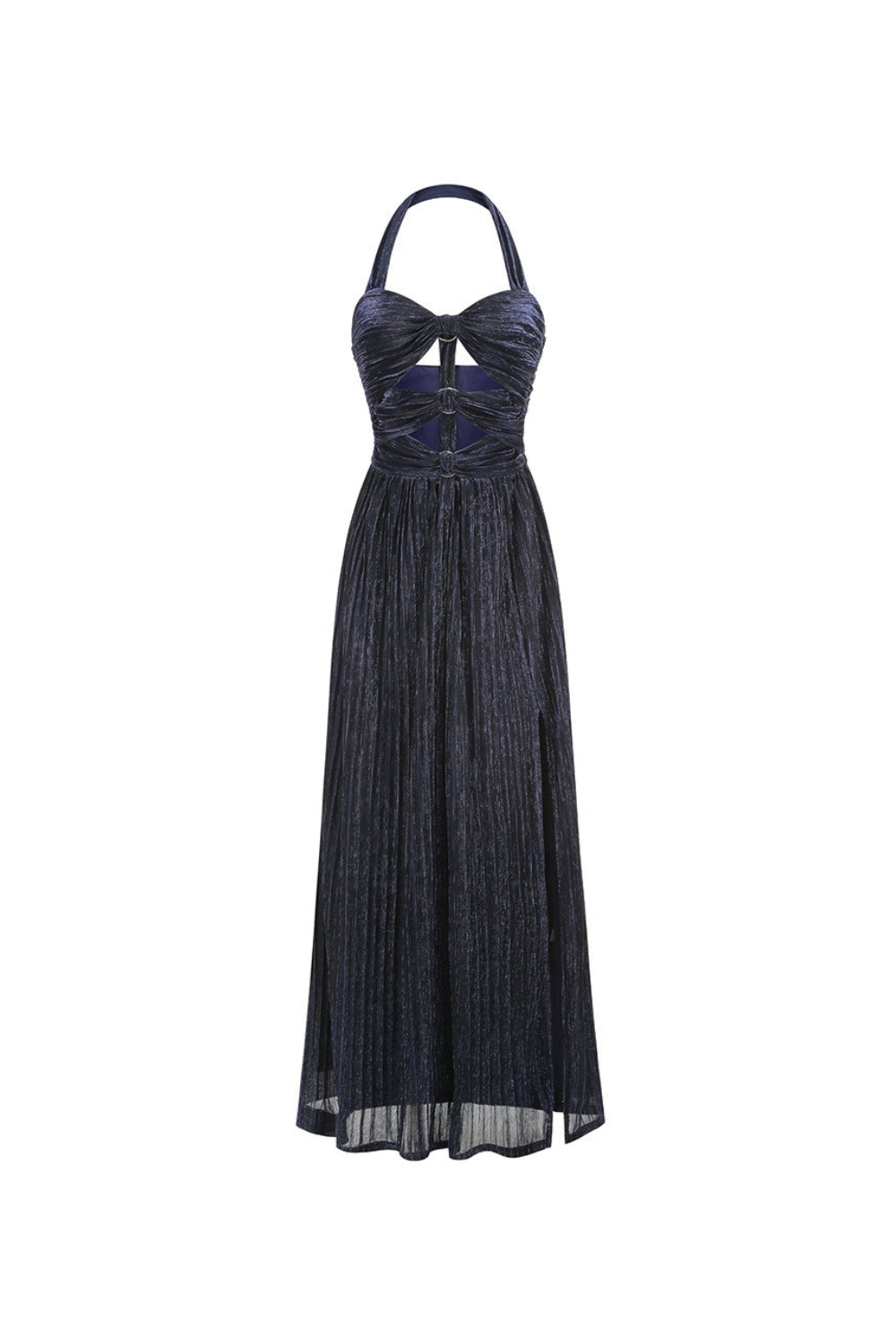 NAVY BLUE HALTER PLEATED CUTOUT MAXI DRESS