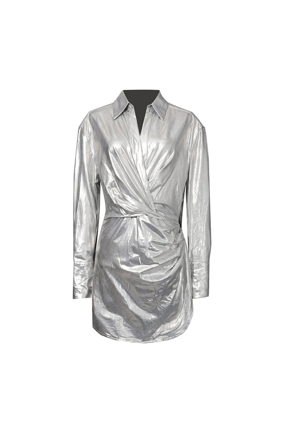 METALLIC PLEATED SHIRT MINI DRESS SILVER