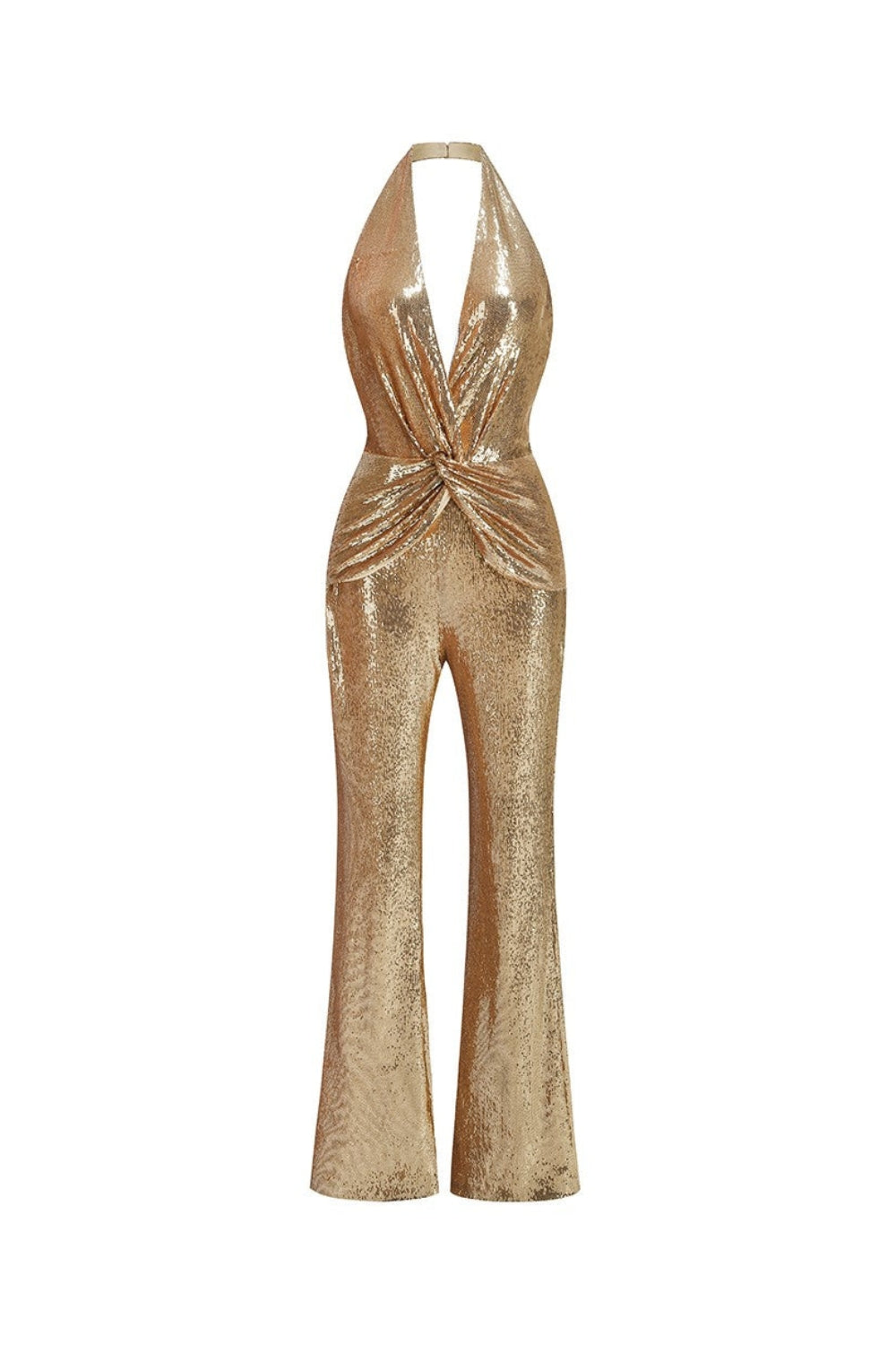 GOLD SEQUIN HALTER FLARED JUMPSUIT FOR PARTY